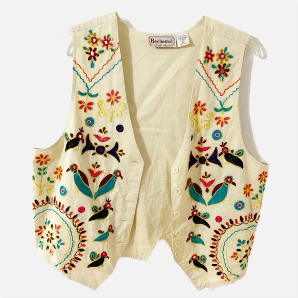 Vintage Bechamel Folk Art Embroidered Button Front Cotton Vest V-neck Multicolor